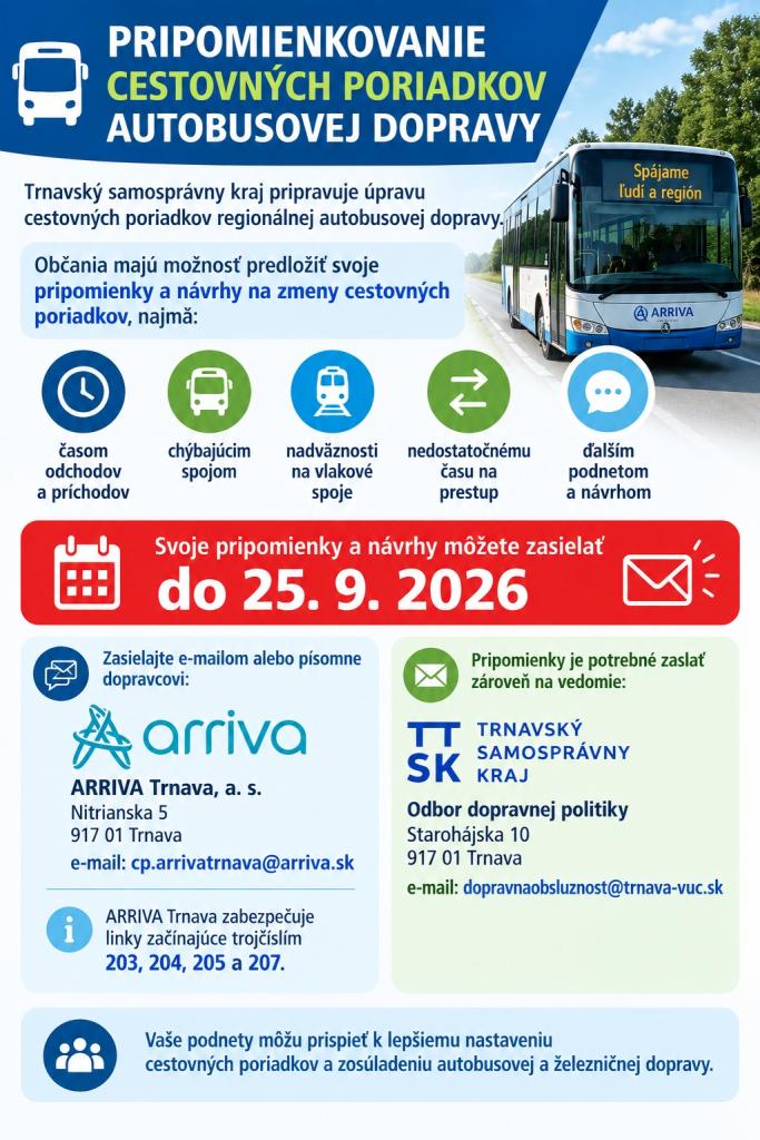 Pripomienkovanie cestovných poriadkov do 25. 9. 2026 (linky ARRIVA 203,204,205,207)